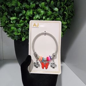 NWT Silver-tone Stretch Bracelet With Red Butterfly